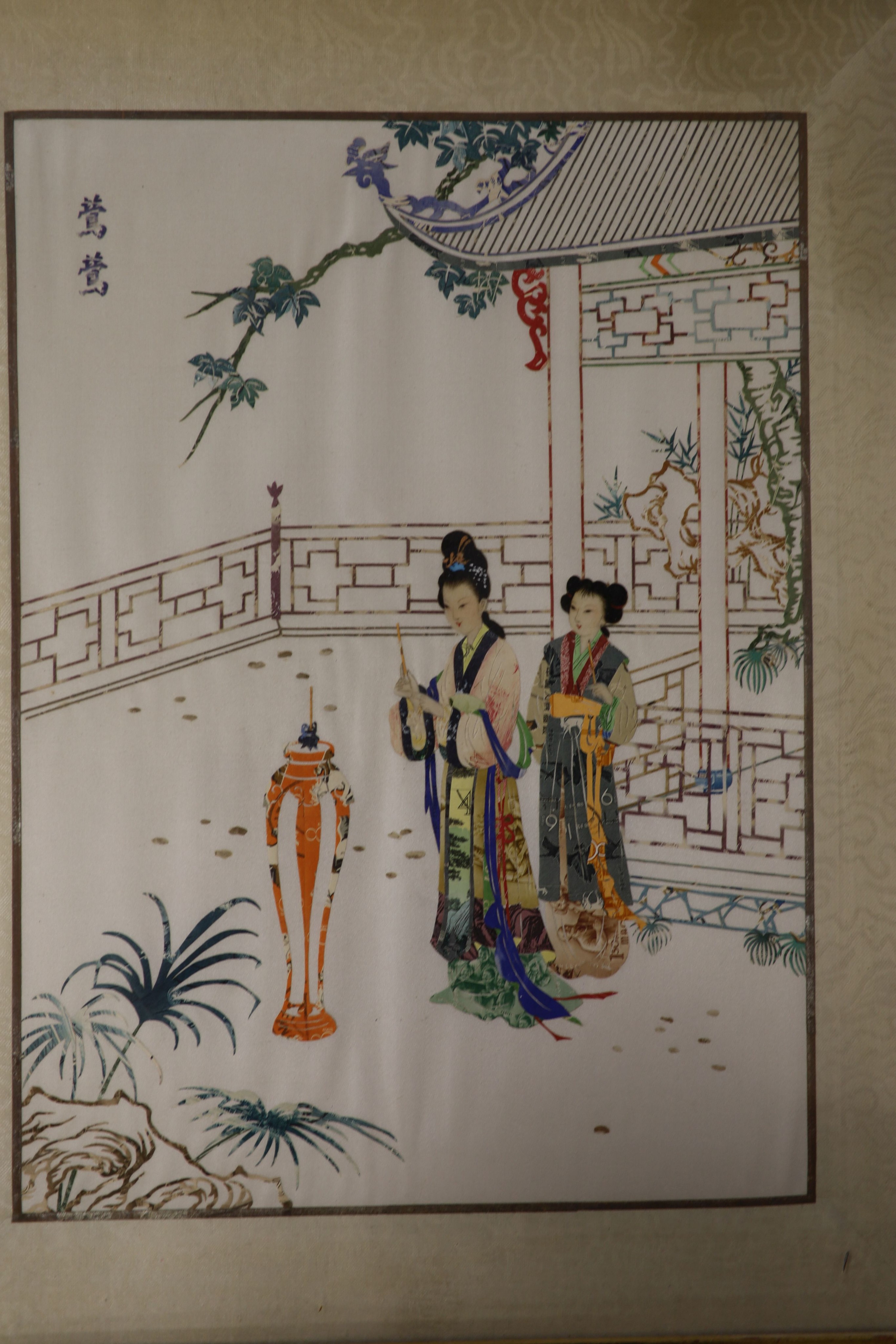 Four assorted Asian decorated silk panels and three other pictures, largest 30 x 21cm